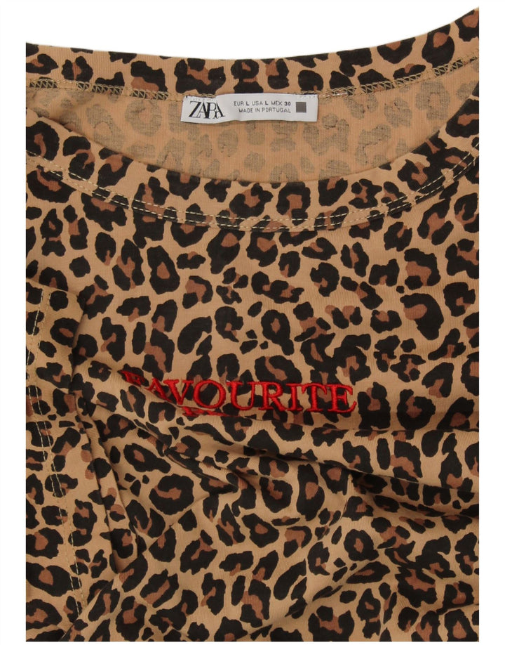 ZARA Camiseta Feminina Crop Graphic Top UK 16 Grande Bege Animal Print