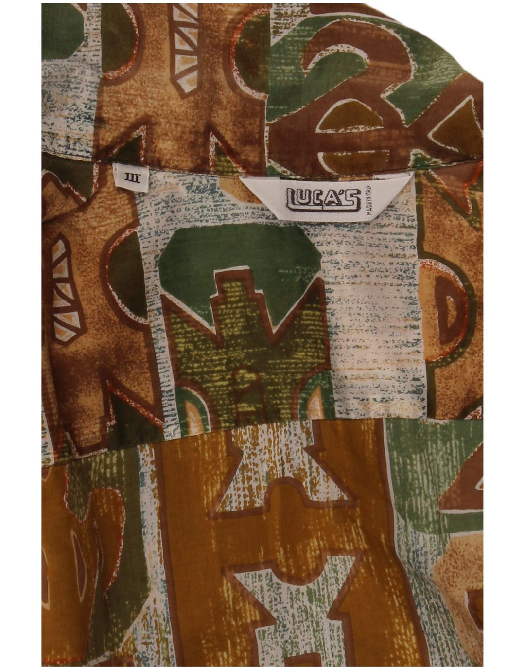 Camisa masculina vintage de manga curta médio cáqui geométrica