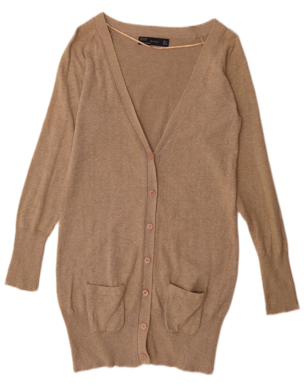 Suéter cardigã feminino Zara Longline Reino Unido 10 pequeno algodão bege