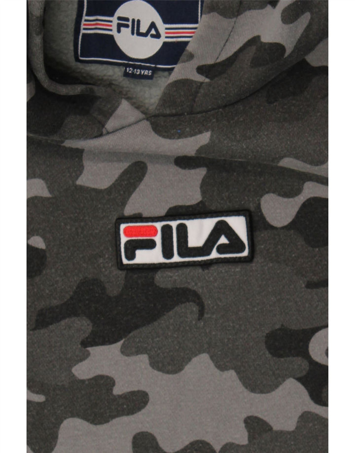 FILA Boys Hoodie Jumper 12-13 Years Grey Camouflage Cotton Vintage Fila and Second-Hand Fila from Messina Hembry 