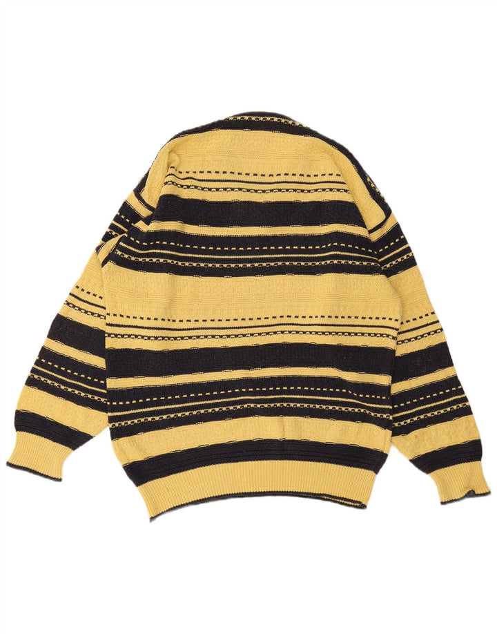 Suéter masculino vintage com decote em V grande listrado amarelo