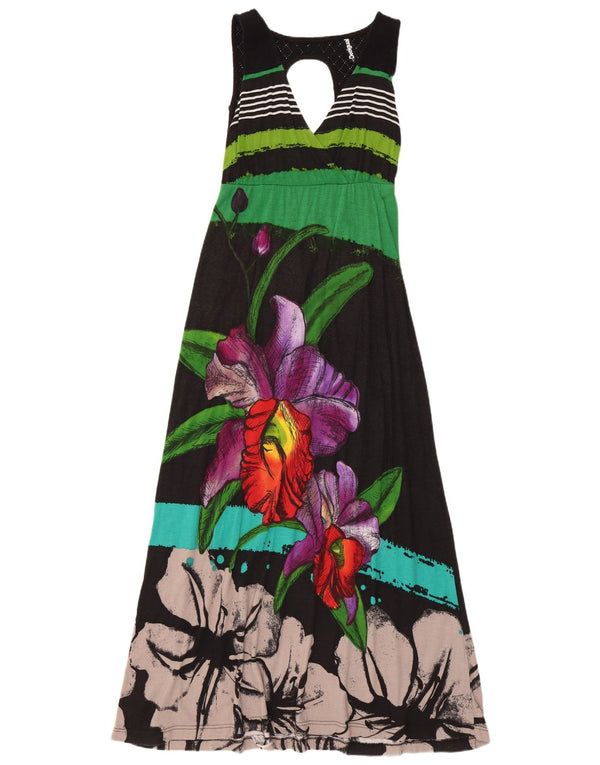 Desigual Vestido maxi feminino gráfico sem mangas UK 8 pequeno preto floral