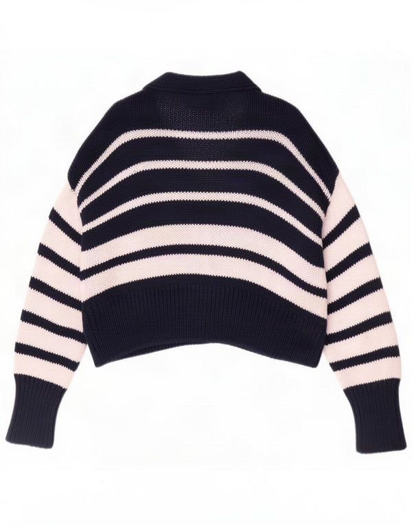 Suéter cardigã feminino cropped solto Zara Reino Unido 10 pequeno listrado azul marinho