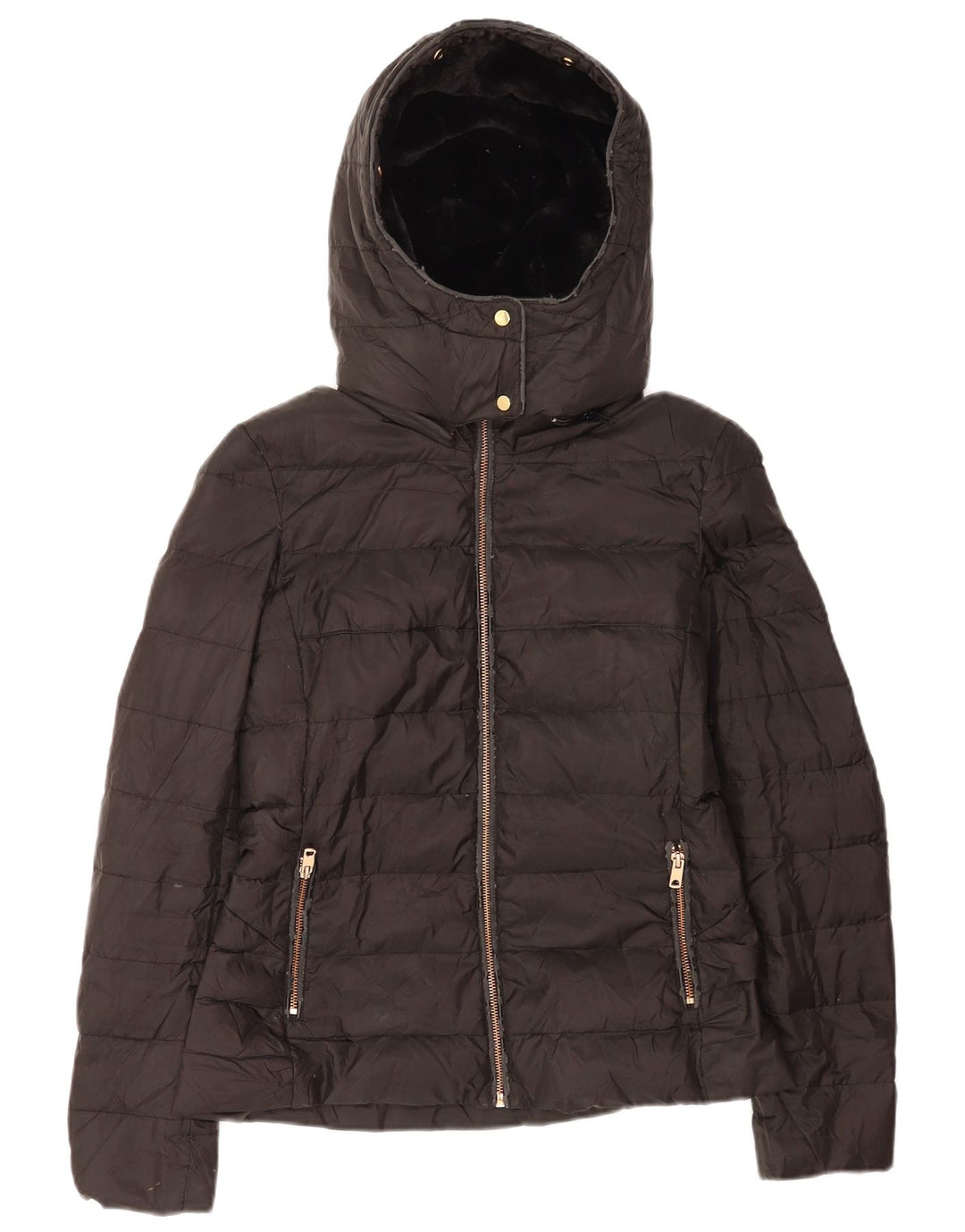 Zara Jaqueta feminina com capuz Sherpa acolchoada UK 10 poliéster preto pequeno