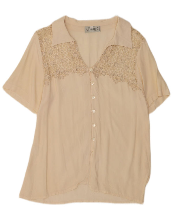 Blusa feminina vintage de manga curta UK 20 2XL seda bege