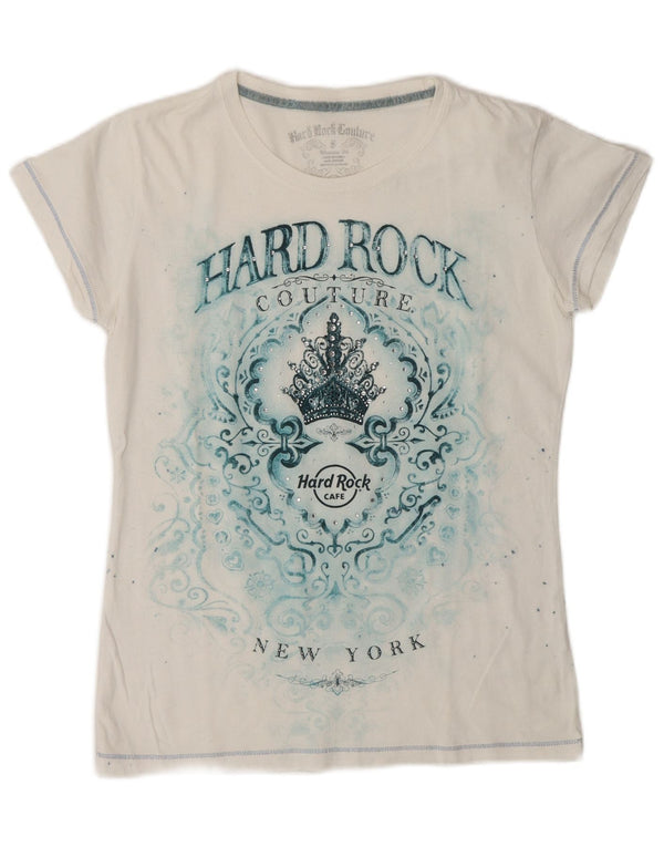 Camiseta feminina Hard Rock Cafe New York Graphic Top UK 10 pequena branca
