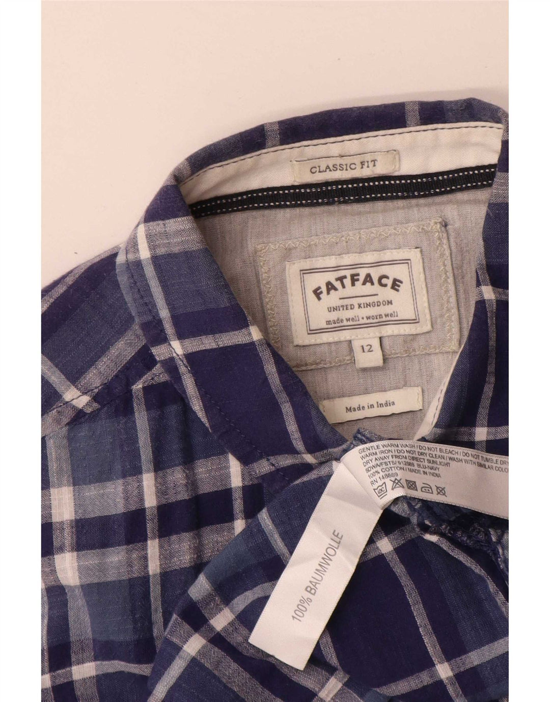 Camisa feminina clássica Fat Face UK 12 algodão xadrez médio azul marinho
