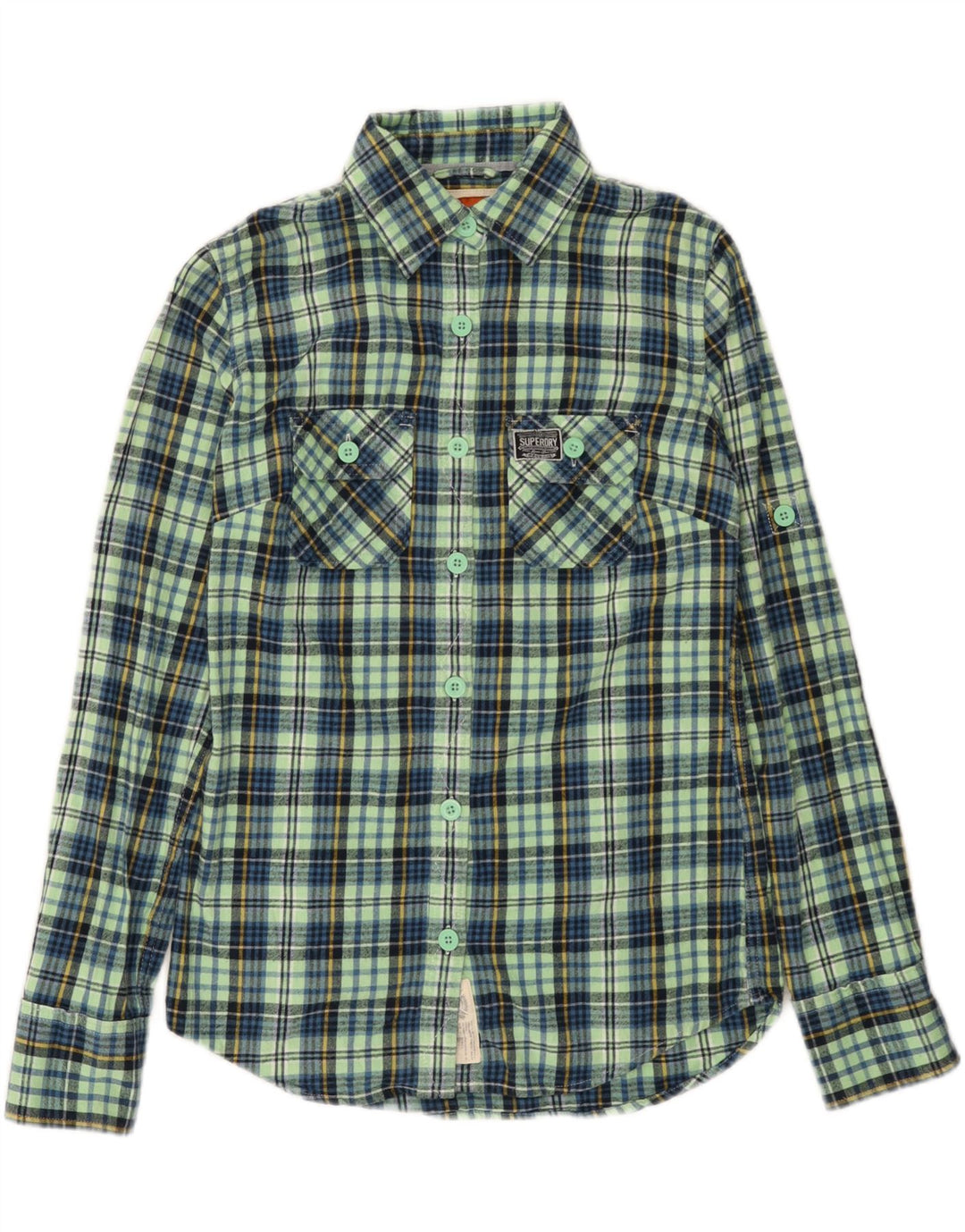 Camisa feminina de flanela SUPERDRY Reino Unido 10 pequeno algodão xadrez turquesa