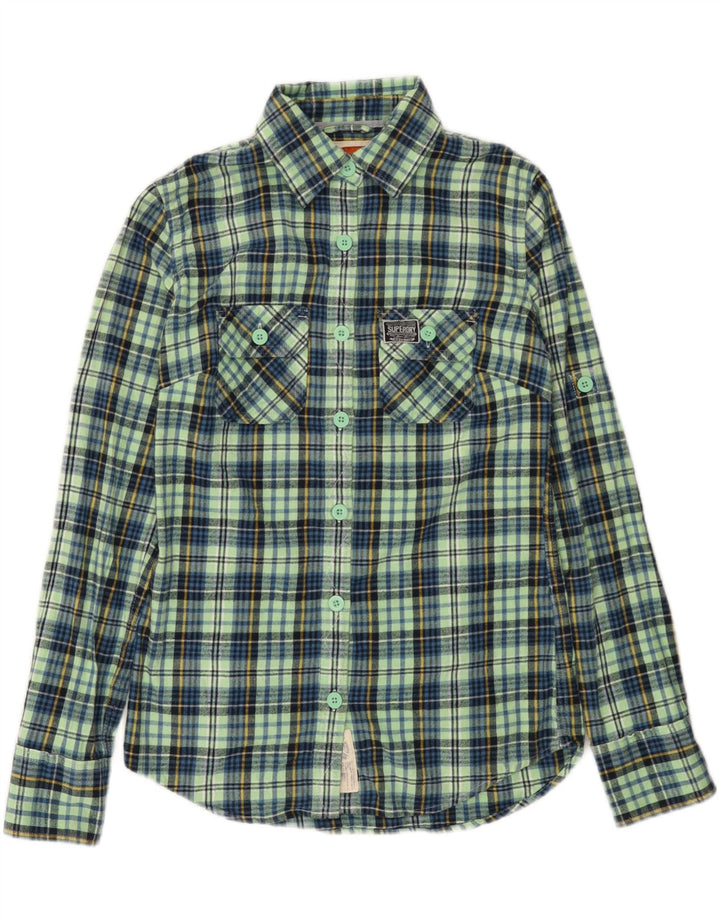 Camisa feminina de flanela SUPERDRY Reino Unido 10 pequeno algodão xadrez turquesa