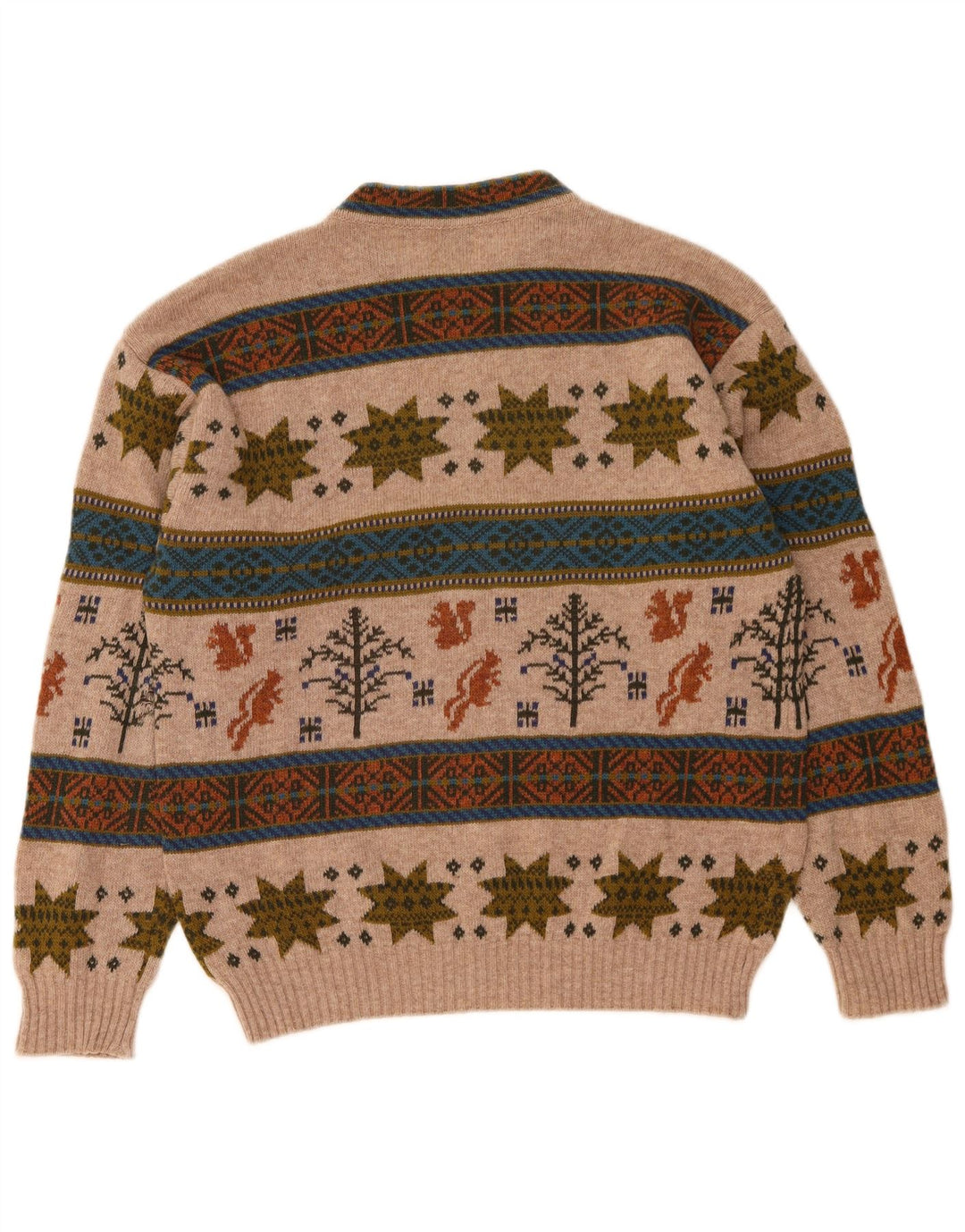 Suéter masculino Benetton com gola redonda, médio bege, lã Fair Isle