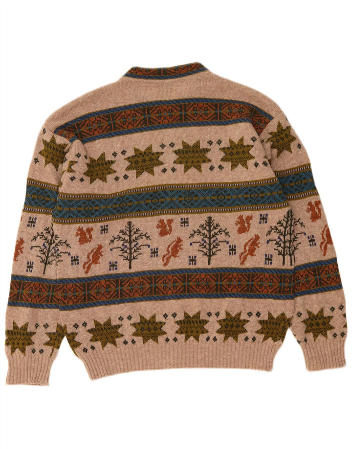 Suéter masculino Benetton com gola redonda, médio bege, lã Fair Isle