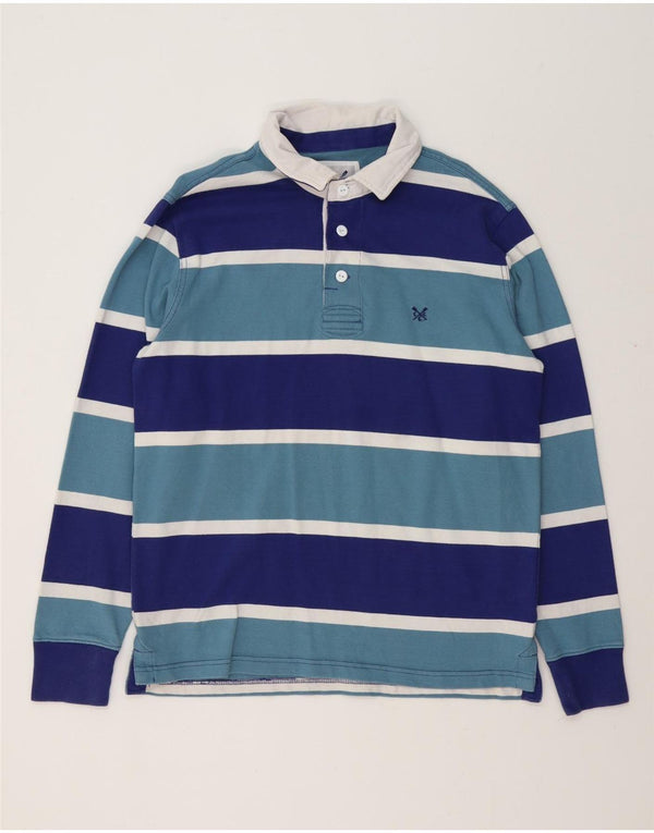 Camisa polo masculina de rugby de manga comprida com listras azuis pequenas de algodão