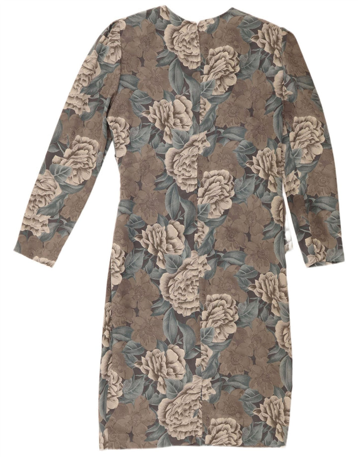 Vestido feminino vintage de manga comprida com bainha UK 12 poliéster floral cinza médio