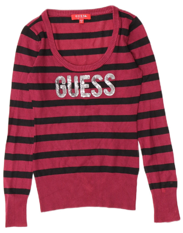 Suéter feminino Guess com gola canoa e gola redonda UK 4 XS listrado cor de vinho