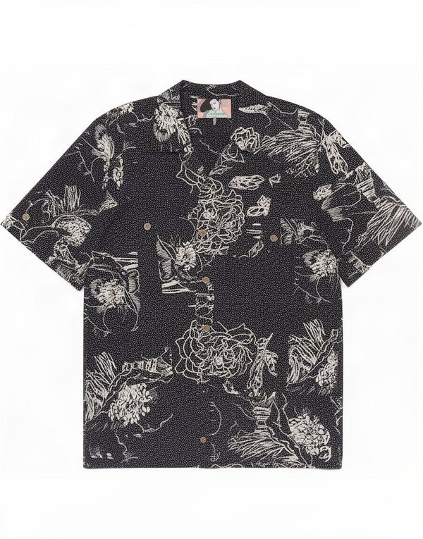 Camisa feminina vintage de manga curta UK 16 grande azul marinho floral