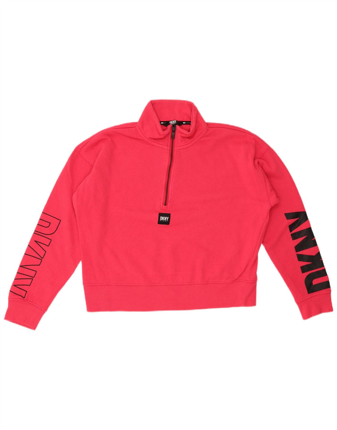 DKNY Suéter feminino grande com gola e zíper gráfico Reino Unido 10 pequeno rosa