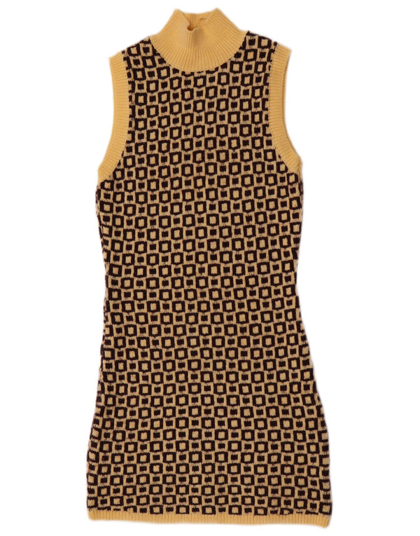 Vestido jumper feminino sem mangas Zara Reino Unido 12 acrílico geométrico amarelo médio
