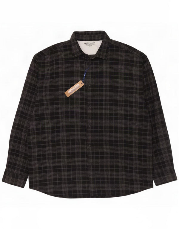 Jack & Jones Camisa masculina de flanela xadrez solta 2XL Algodão xadrez cinza