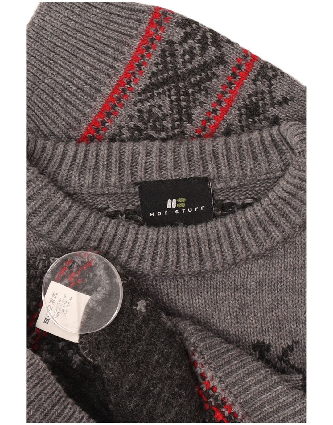 Suéter masculino com gola redonda, material quente, grande, cinza, lã Fair Isle
