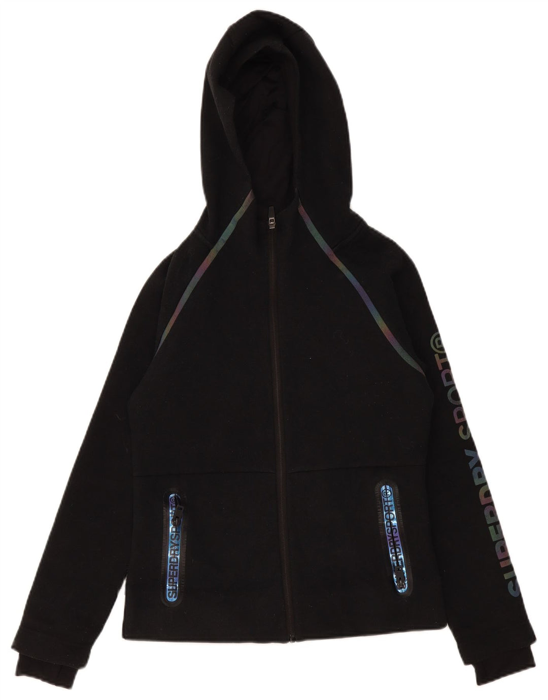 Suéter feminino Superdry com capuz e zíper gráfico UK 10 pequeno poliéster preto