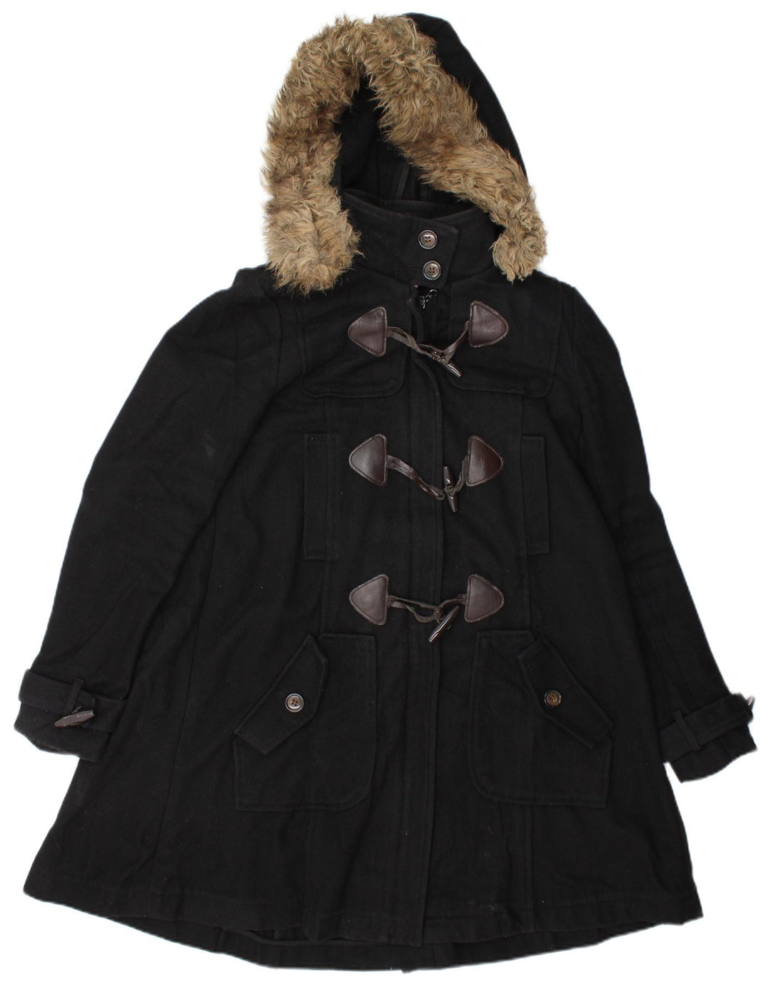 Casaco Duffle feminino vintage com capuz Reino Unido 10 lã preta pequena