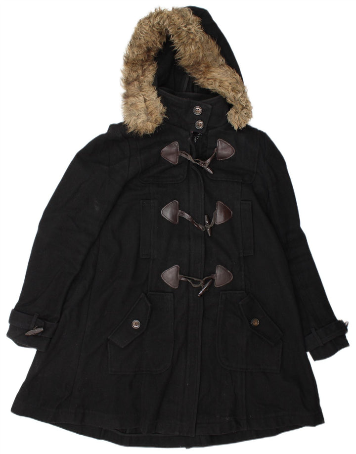 Casaco Duffle feminino vintage com capuz Reino Unido 10 lã preta pequena