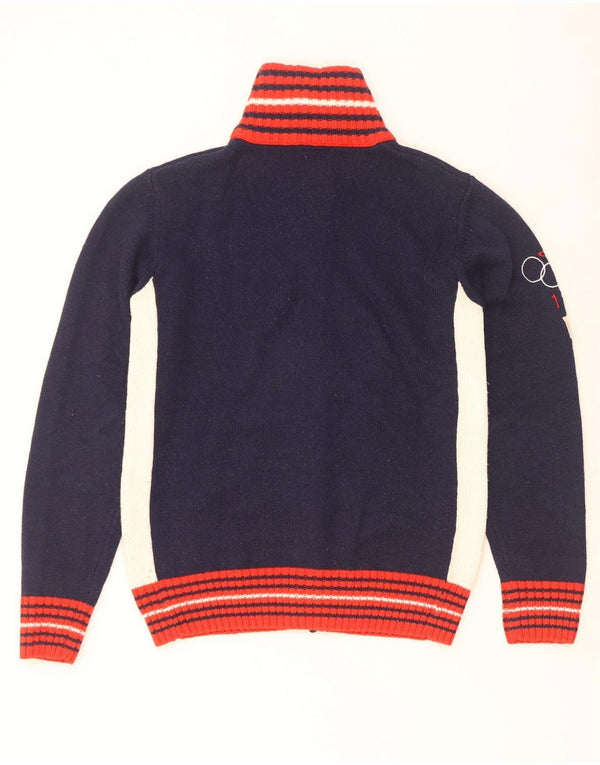 Suéter cardigã gráfico masculino Datch UK 14 médio azul marinho lã colorblock
