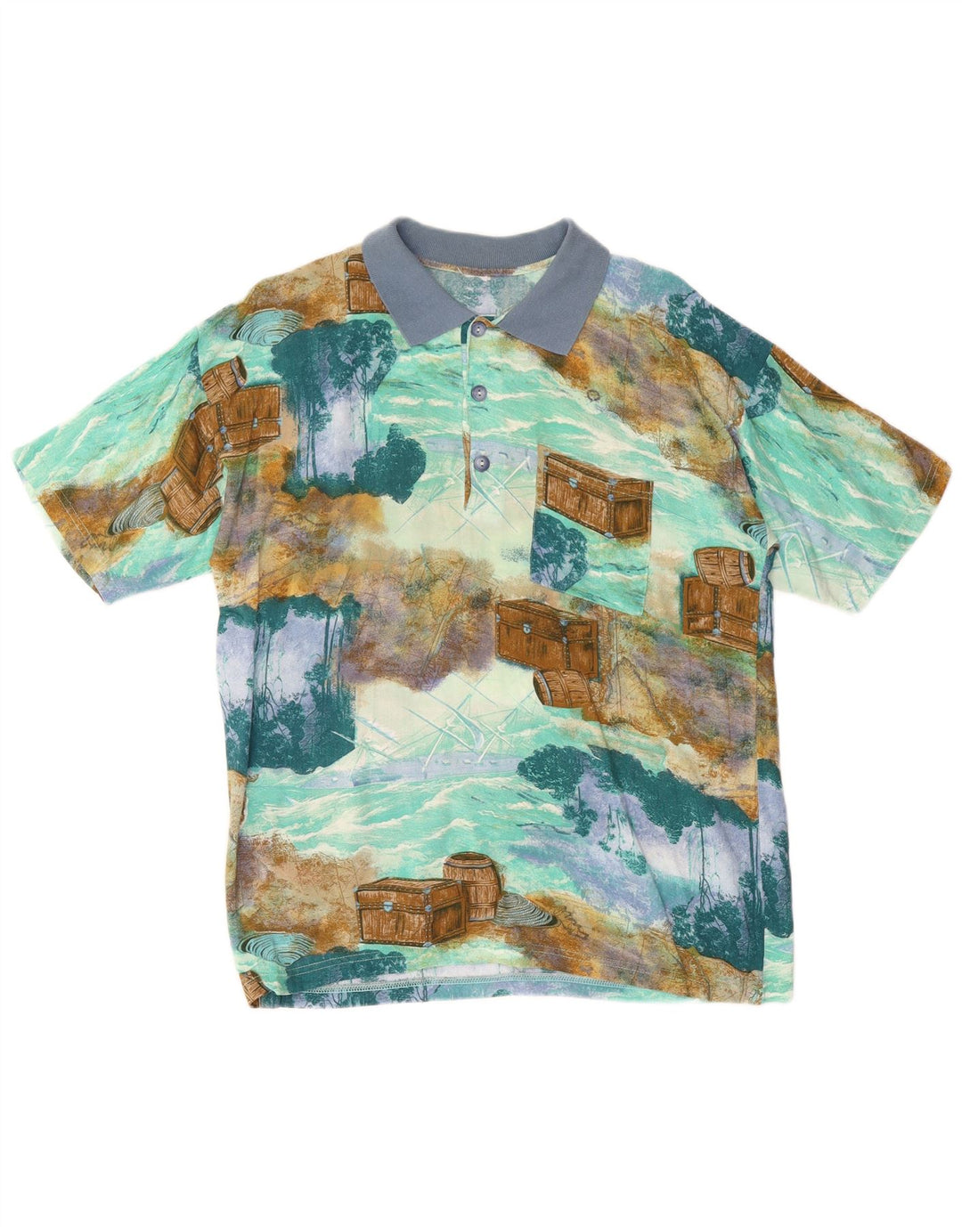 Camisa polo masculina vintage com padrão abstrato azul médio