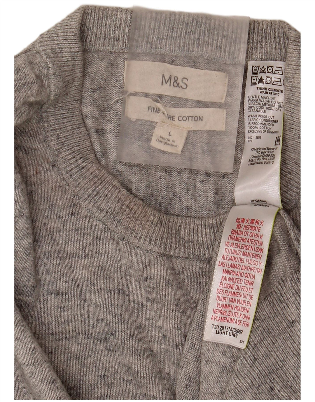 Suéter masculino Marks & Spencer com gola redonda, grande algodão manchado cinza