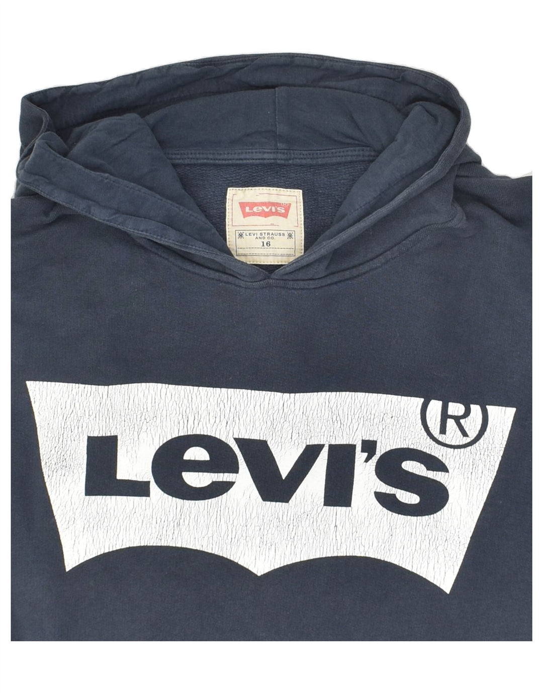 LEVI'S Boys Graphic Hoodie Jumper 15-16 Years Navy Blue Cotton Vintage Levi's and Second-Hand Levi's from Messina Hembry 
