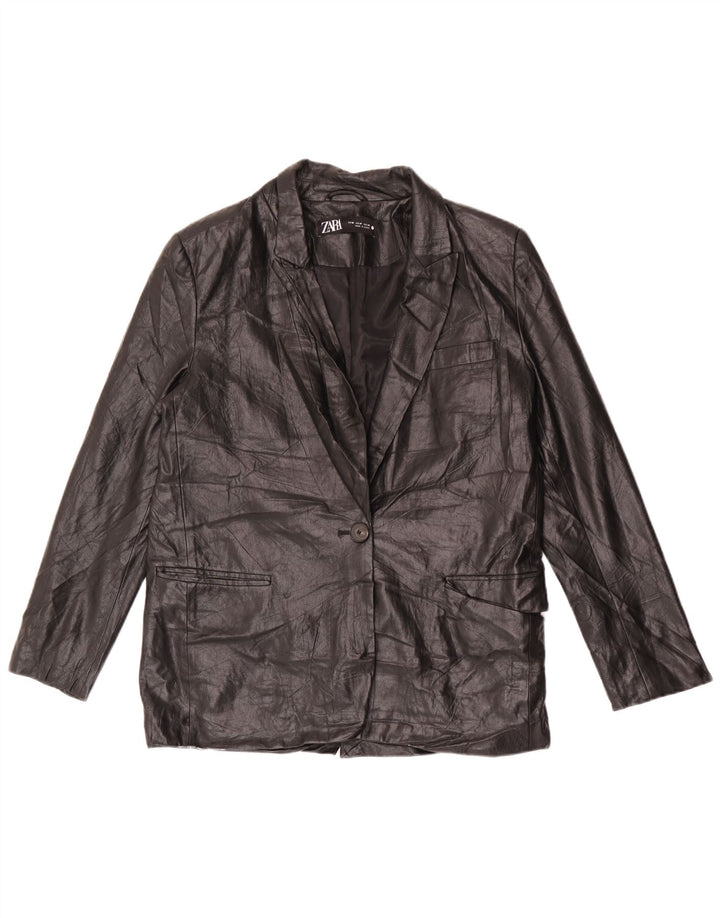 Jaqueta blazer feminina Zara com 1 botão de couro sintético Reino Unido 14 médio preto
