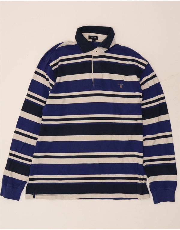 Camisa polo masculina de rugby de manga comprida da Gant XL azul marinho listrado de algodão