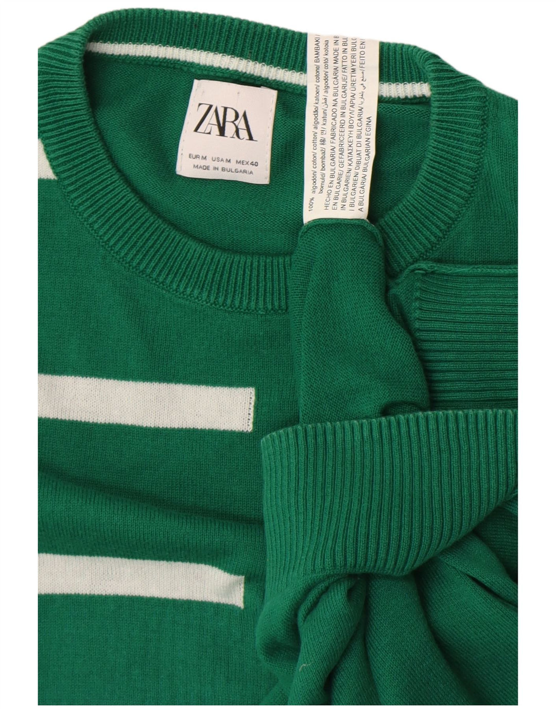 Zara Suéter masculino com gola redonda e algodão listrado verde médio