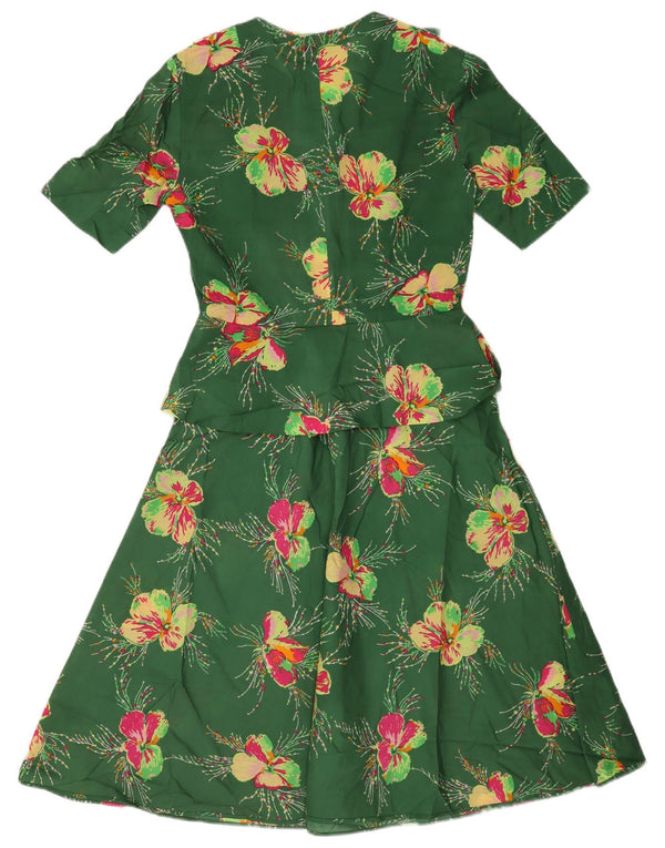 Vestido feminino vintage de manga curta evasê UK 12 floral verde médio