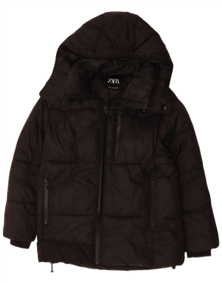 Jaqueta acolchoada com capuz grande ZARA para mulher UK 6 XS poliéster preto