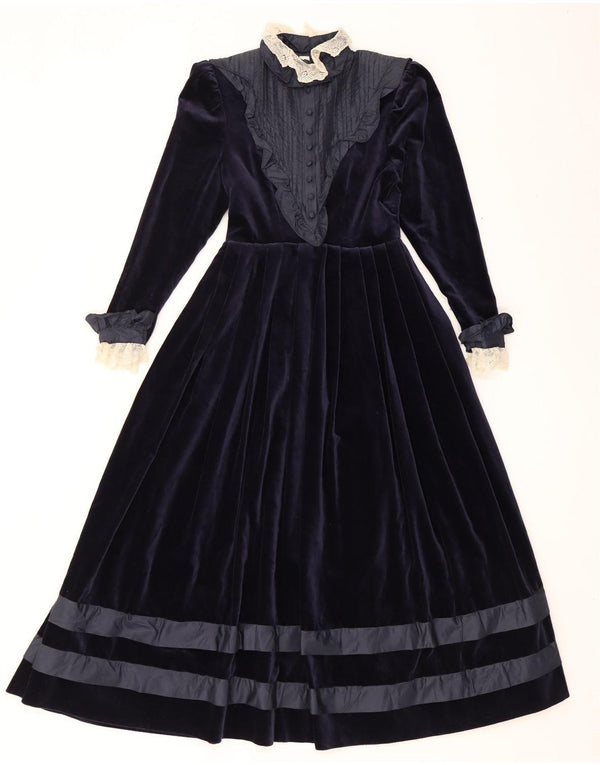 Vestido maxi feminino vintage de manga comprida de veludo Reino Unido 8 pequeno azul marinho floral