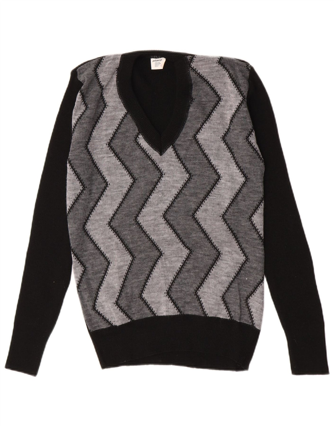 Suéter masculino vintage com decote em V IT 52 grande preto Chevron poliacrílico