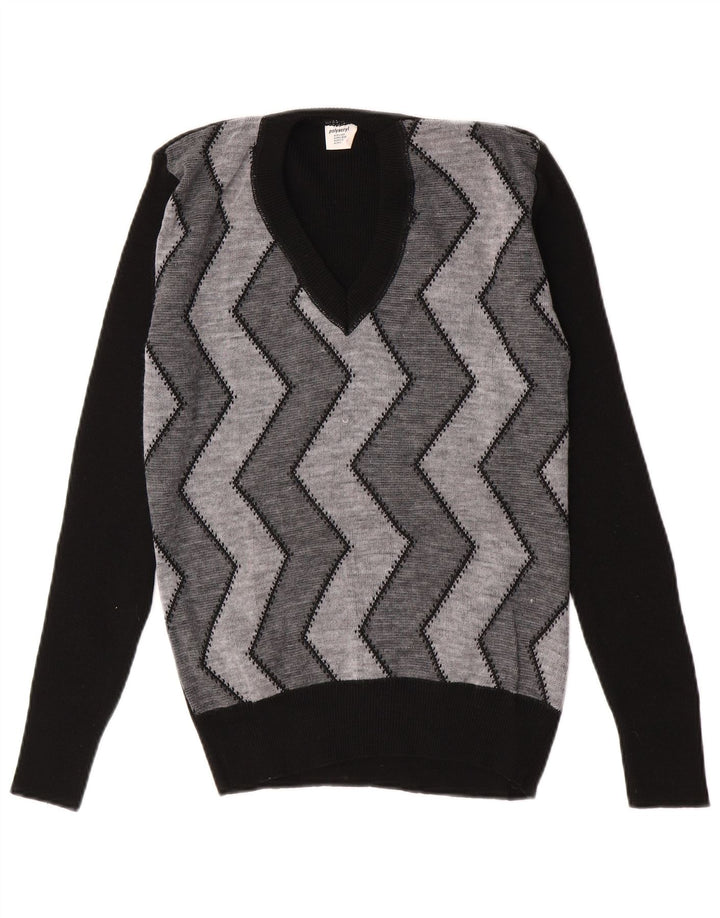 Suéter masculino vintage com decote em V IT 52 grande preto Chevron poliacrílico