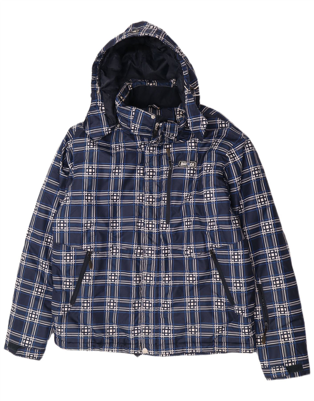 Jaqueta acolchoada com capuz masculina Brugi UK 40 grande poliéster xadrez azul marinho