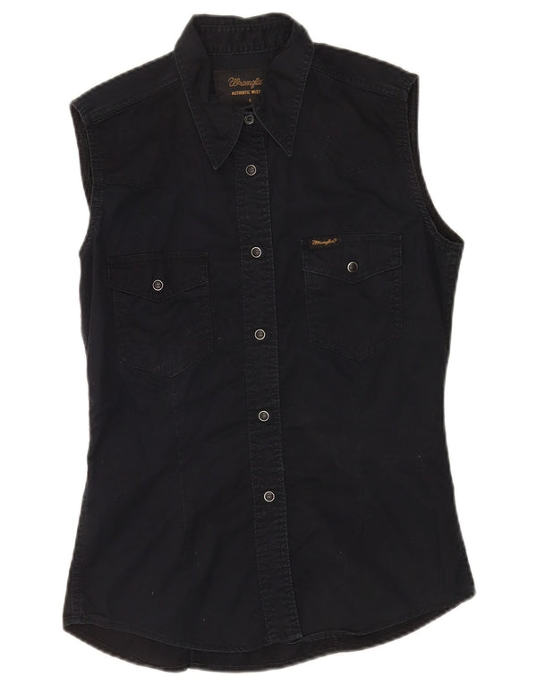 Camisa jeans Wrangler feminina ocidental sem mangas UK 10 algodão preto pequeno