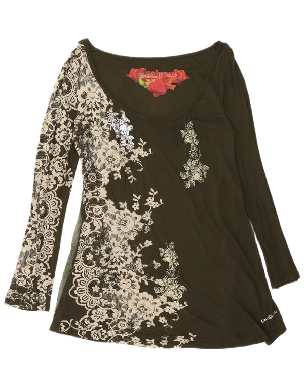 Top feminino Desigual manga comprida UK 18 XL cáqui floral viscose