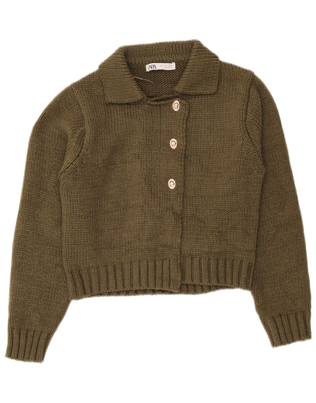 Zara Womens Crop Cardigan Sweater Reino Unido 16 Grande Poliéster Cáqui