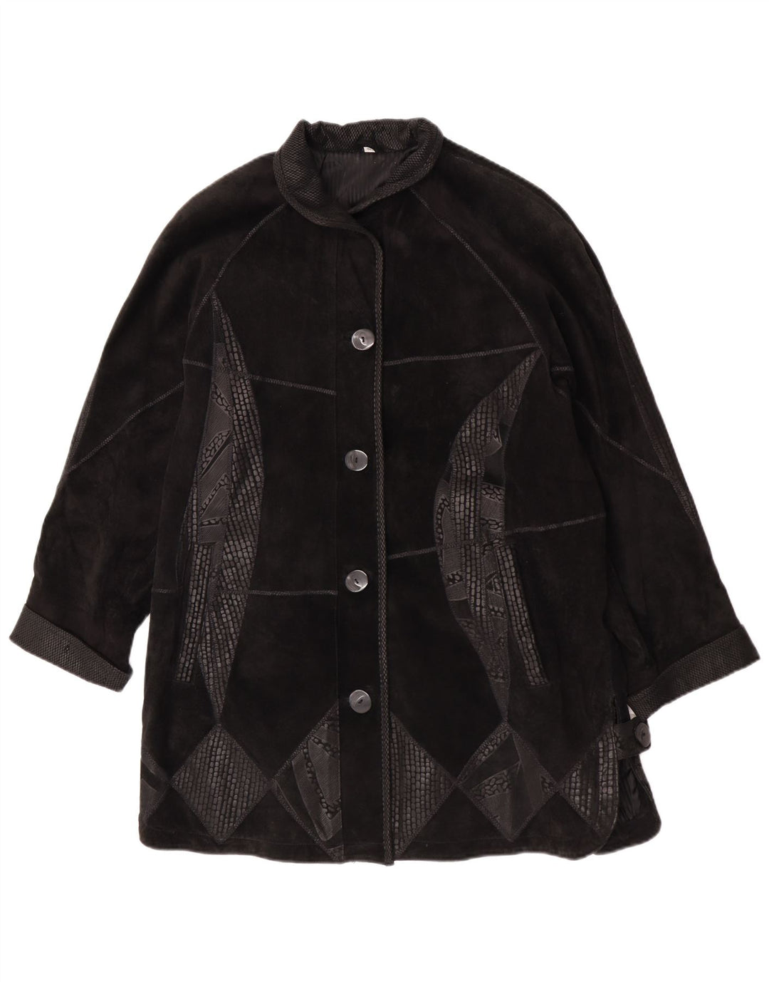 Sobretudo feminino vintage de camurça oversized UE 42 couro geométrico preto grande