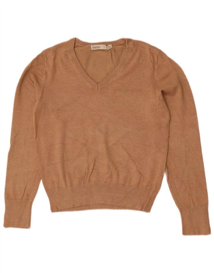 Suéter feminino Oasis com decote em V e viscose bege médio Reino Unido 12