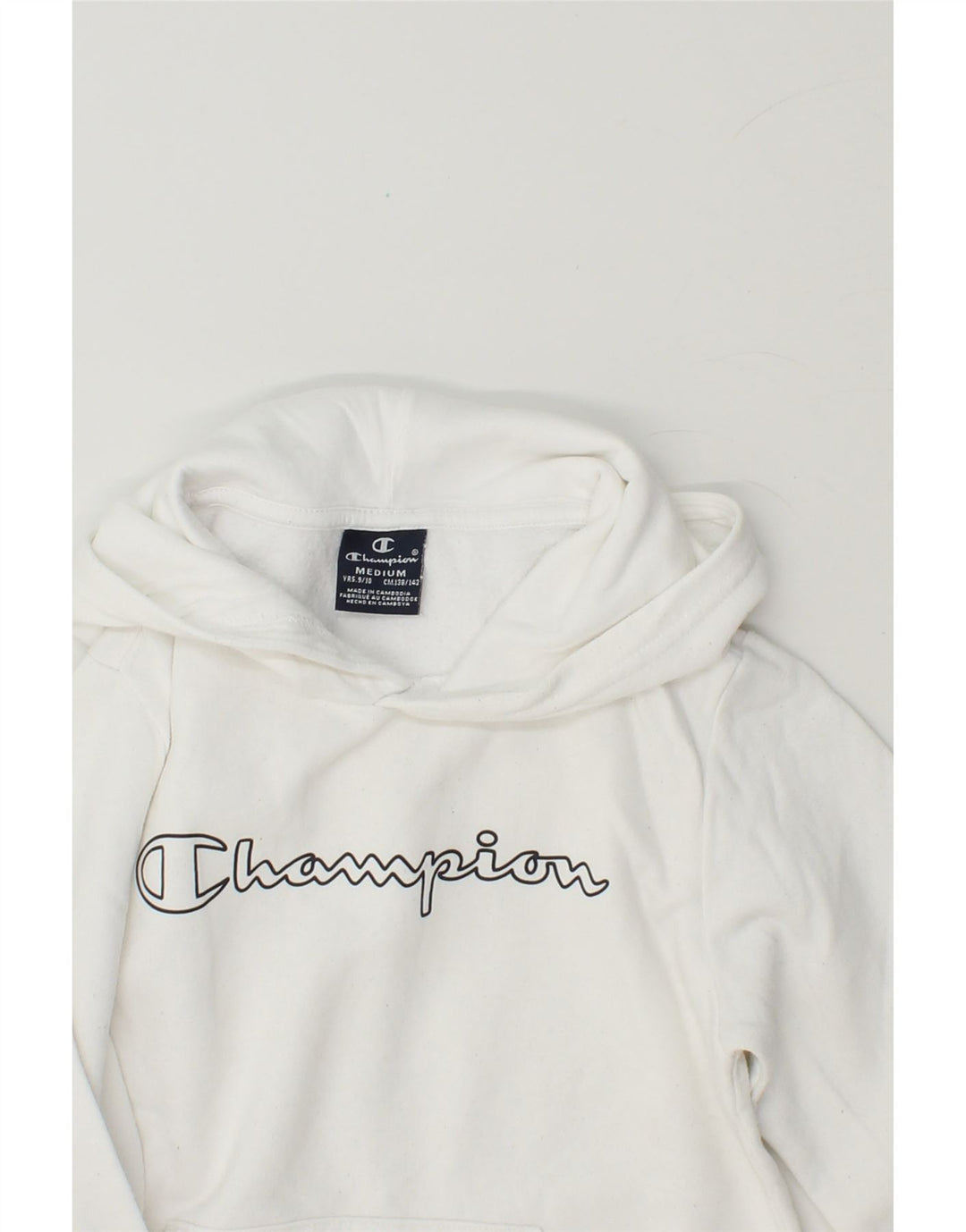 CHAMPION Girls Graphic Hoodie Jumper 9-10 Years Medium White Cotton Vintage Champion and Second-Hand Champion from Messina Hembry 