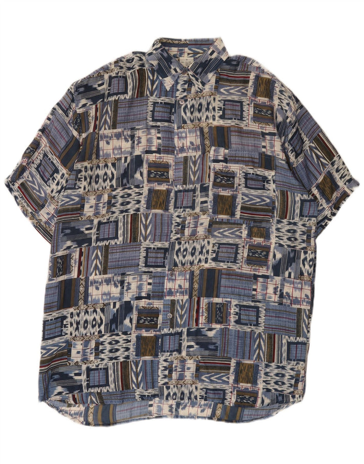Camisa masculina vintage de manga curta IT 48 seda patchwork azul médio
