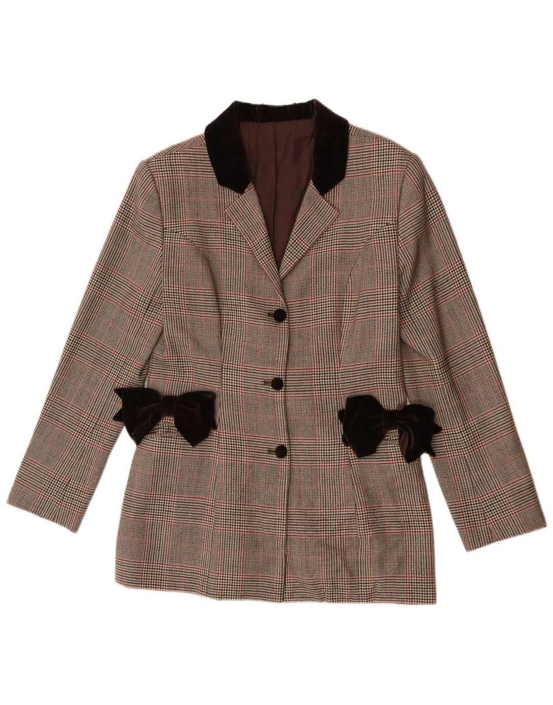 Jaqueta blazer feminina vintage com 3 botões Reino Unido 8 pequena xadrez marrom