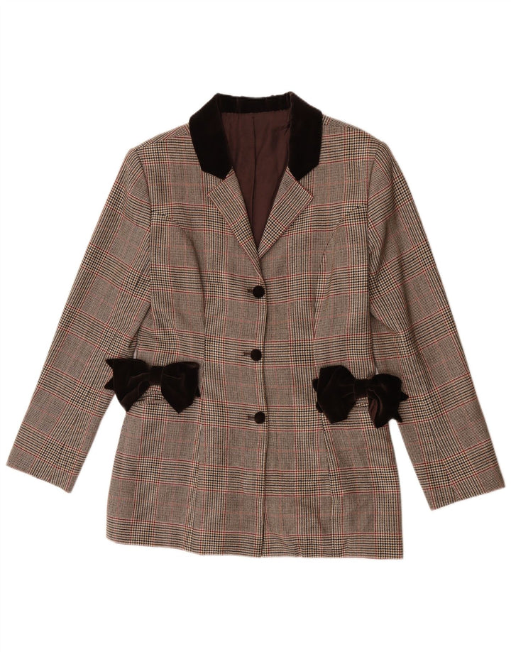 Jaqueta blazer feminina vintage com 3 botões Reino Unido 8 pequena xadrez marrom