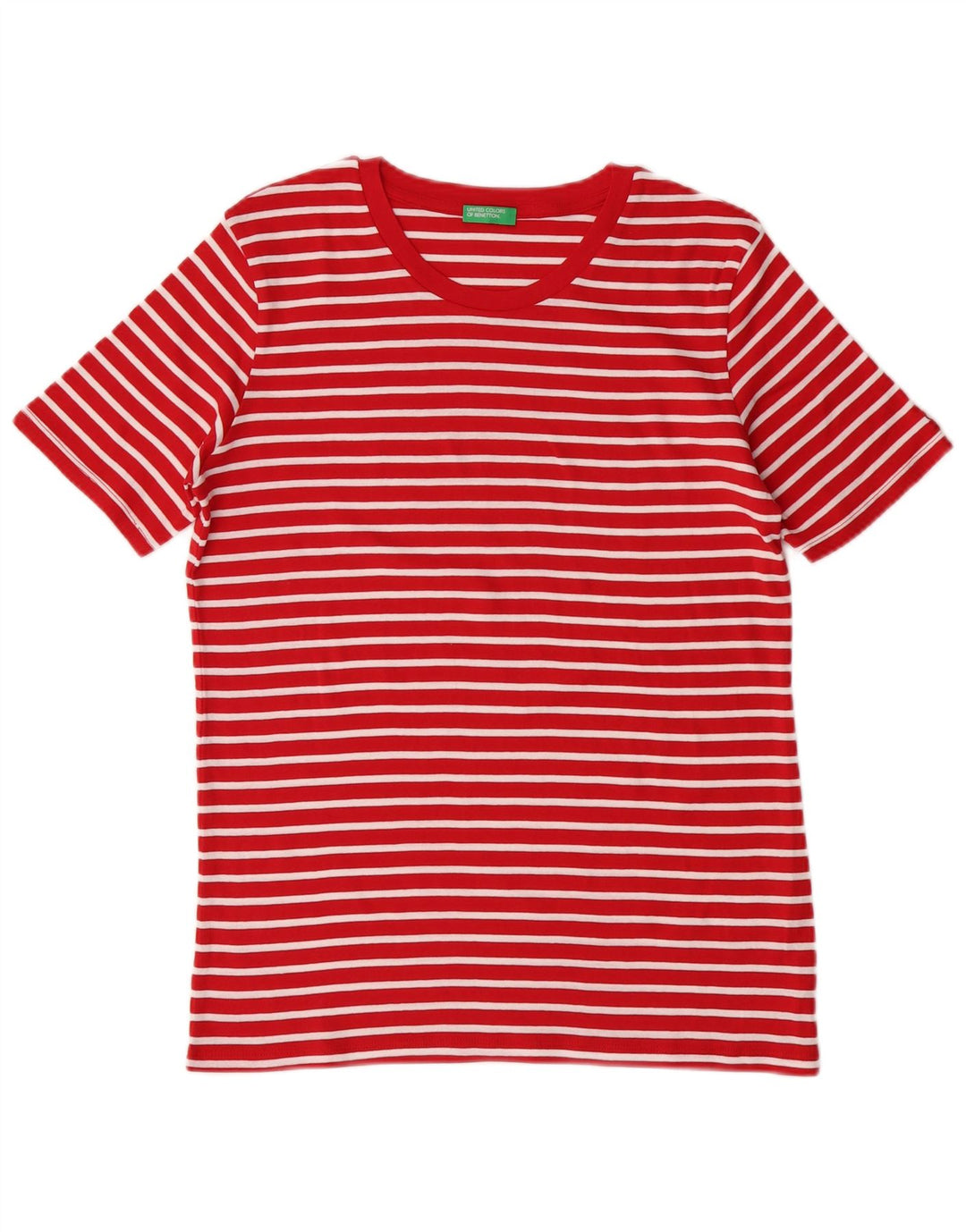 Camiseta feminina Benetton UK 14 grande algodão listrado vermelho