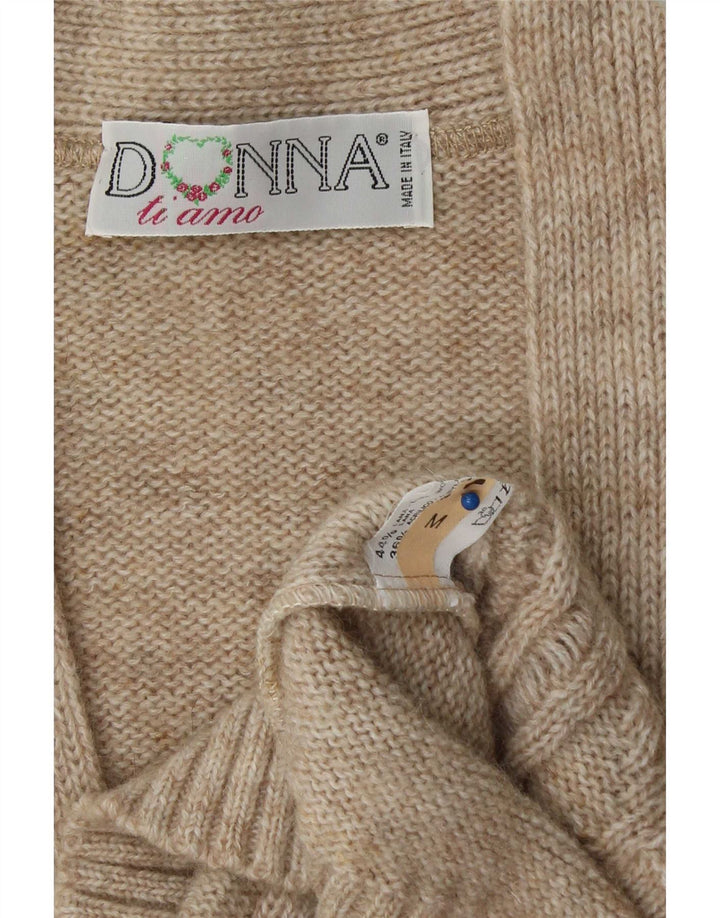 Suéter cardigã feminino vintage grande Reino Unido 14 lã bege médio